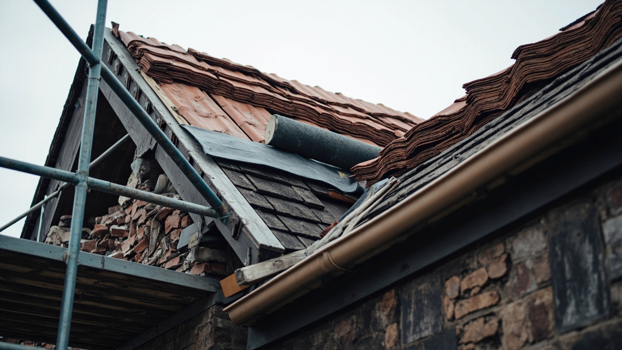 Roof under construction showing what a renovation costs: scaffolding, materials and disposal