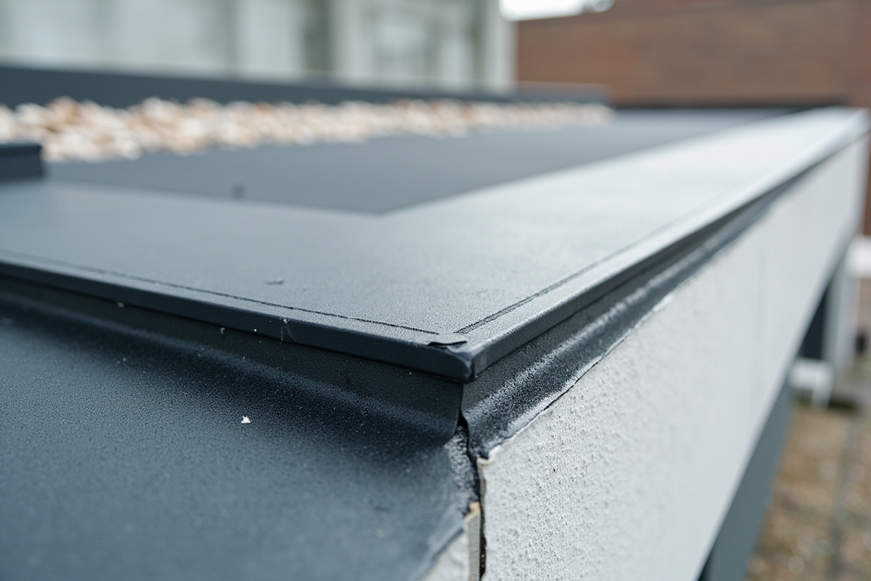 EPDM membrane in one piece across a flat roof, with the corners finished by hand