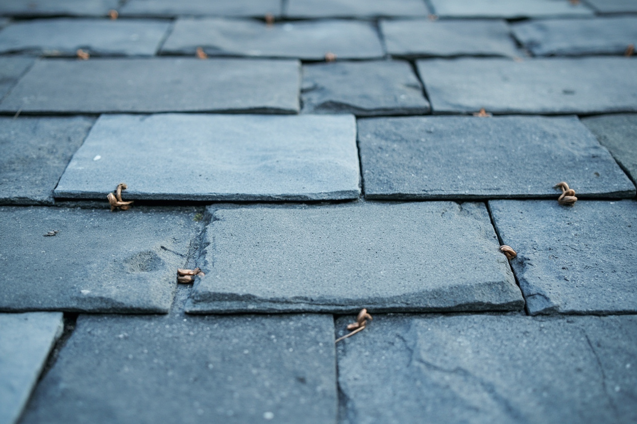 Natural slate hooked onto a steep roof surface