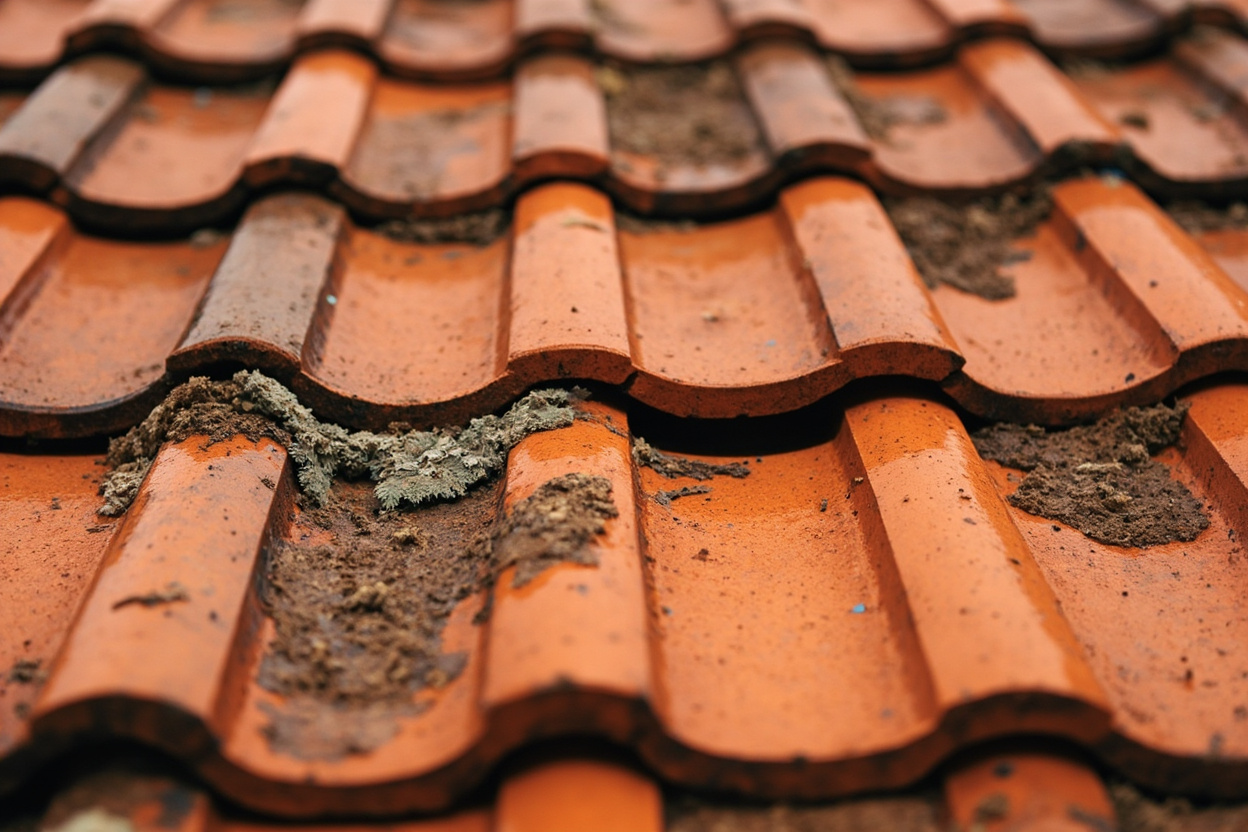 Clay roof tiles on battens, with the ridge tiles in place