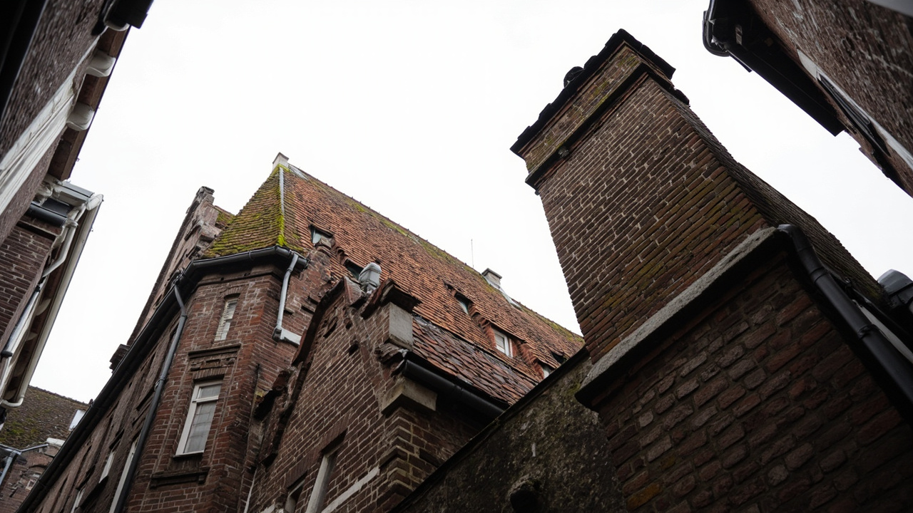 Daken in de Haarlemse binnenstad met gebakken pannen en zinken bakgoten in beschermd stadsgezicht